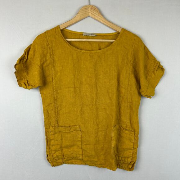 Francesca Bettini Linen Top Pocket Tee Shirt Mustard Yellow Women's Size S - Picture 1 of 9